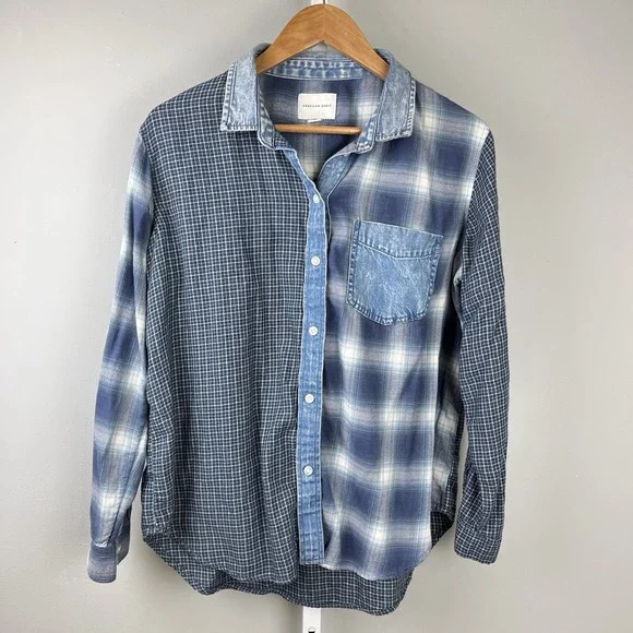 American Eagle Outfitters Shirt Top Womens S Blue Plaid Patchwork‎ Grunge Skater - Picture 2 of 6